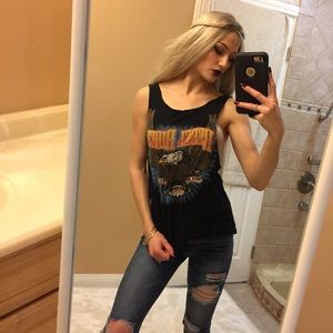 BLACK GRAPHIC MUSCLE TEE TANK TOP LACE BACK BOHO